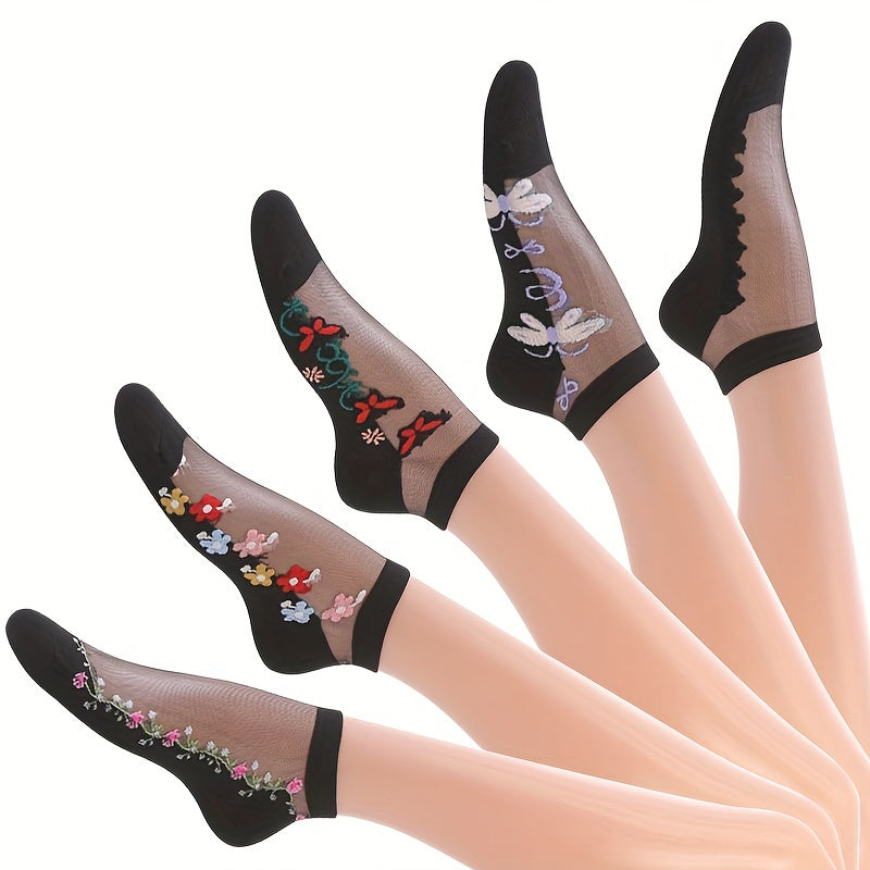 Women’s Floral Embroidered Mesh Short Socks 5 Pairs Breathable Lightweight