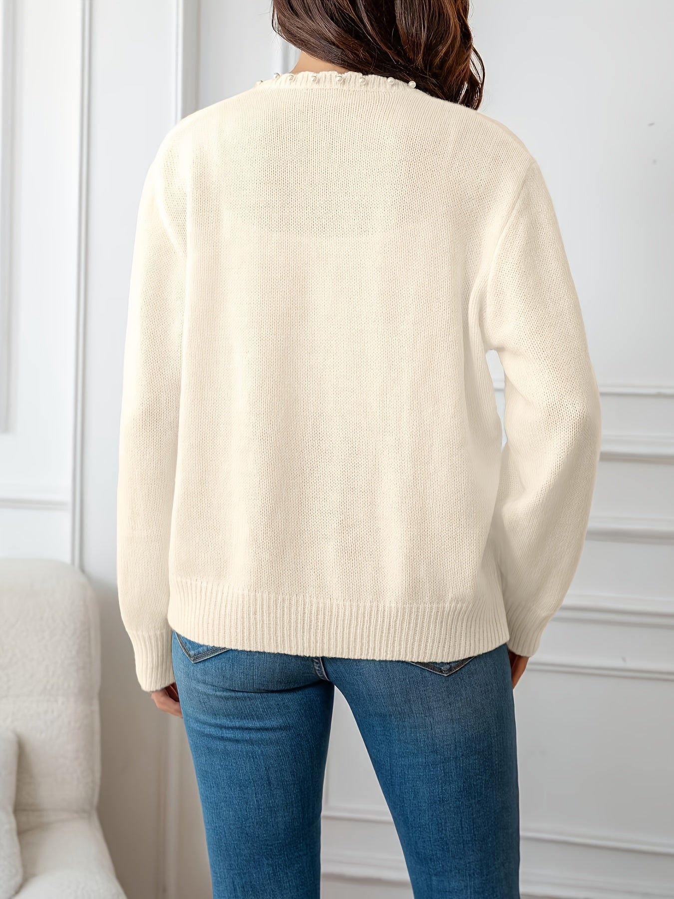 Women's Oversized Cozy Knit Cardigan with White Trim Navy Blue Winter Layering