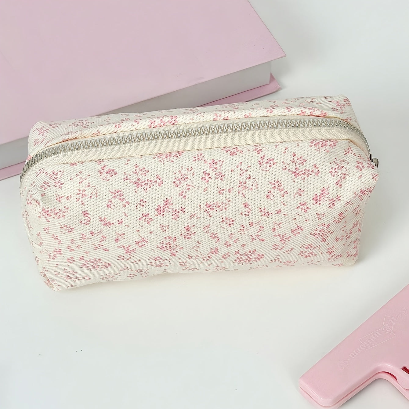 Canvas Floral Print Pencil Case with Zipper for Students and Office Organization