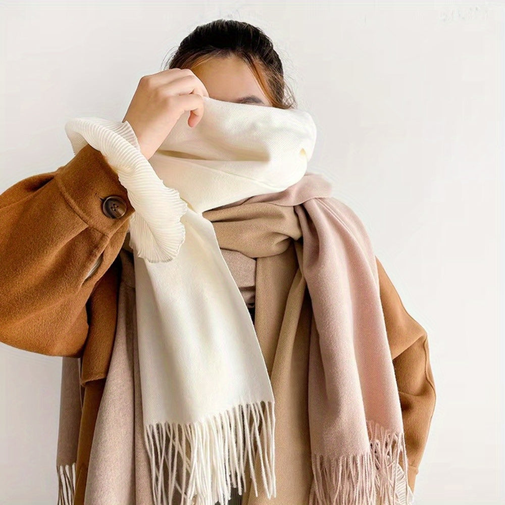 Women Black Tassel Shawl Scarf Thick Plush Wool Feel Double-Sided Cashmere Autumn Winter