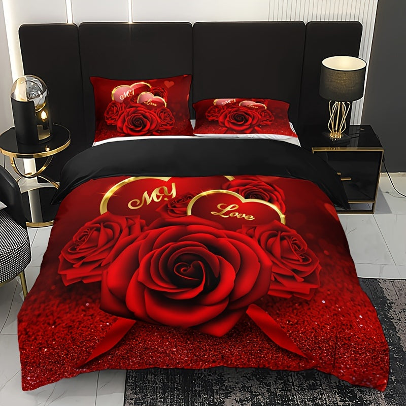 Conjunto de ropa de cama con funda nórdica de flores de rosas rojas románticas de 3 piezas con impresión HD para el Día de San Valentín