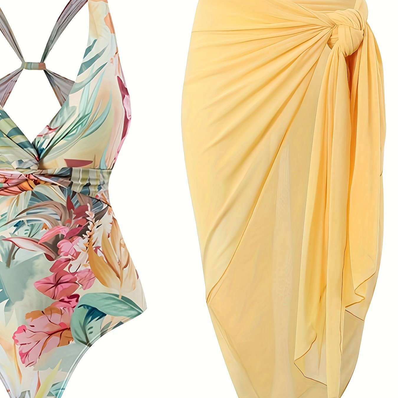 Traje de baño de una pieza con escote en V y estampado tropical para mujer con pareo transparente