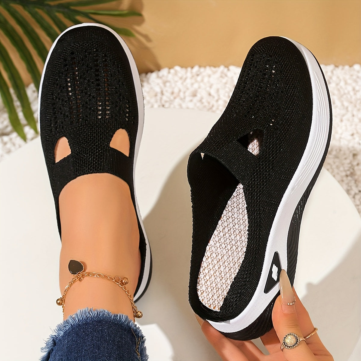Women's Mesh Slip-On Sandals with Cut-Out Design Black White Casual