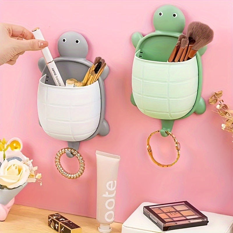 Turtle-Shaped Wall-Mounted Remote Control Holder with Self-Adhesive Storage for Bathroom and Makeup Organization