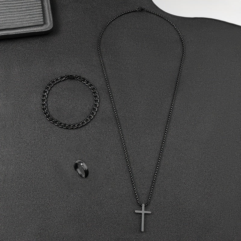 Set of 3 Stainless Steel Jewelry Pieces Cross Necklace Hollow Bracelet Smooth Ring Gunmetal