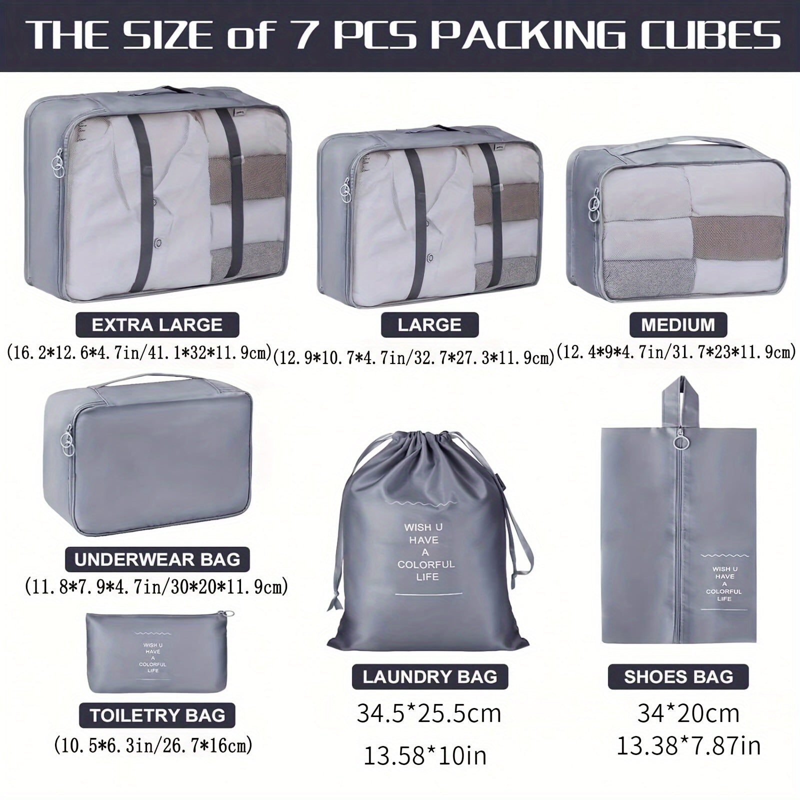 Set of 7 Travel Clothing Storage Bags Packing Cubes Luggage Organizers for Clothes Toiletries