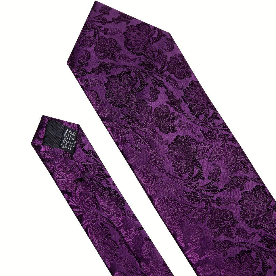 Men's Floral Woven Tie Set with Cufflinks and Handkerchief for Wedding or Formal Events