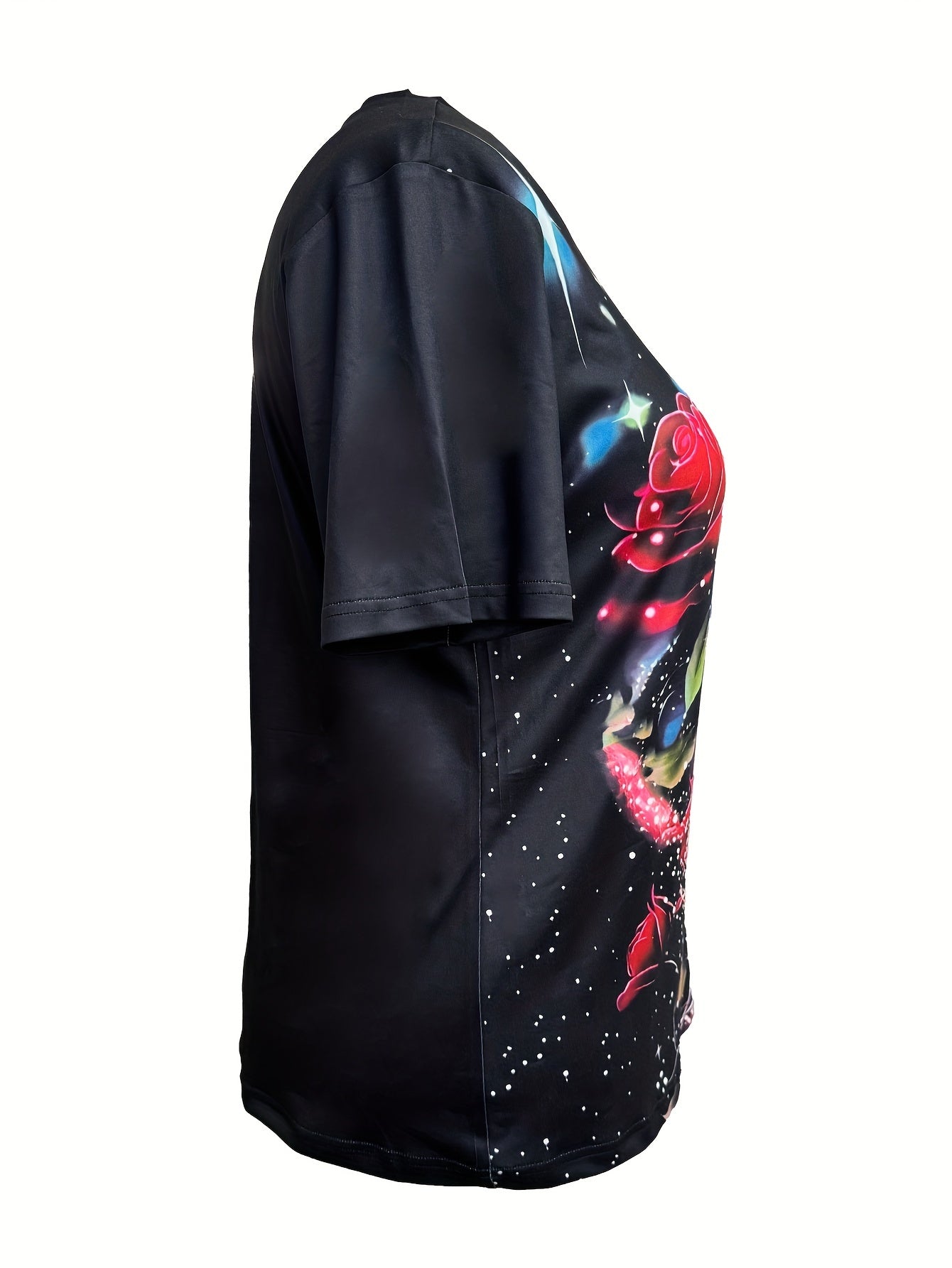 Plus Size Women's Floral Print T-Shirt Purple Roses Breathable Summer Top