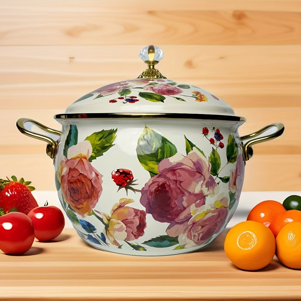 Enamel Double Handle Stew Pot 2.8L Floral Design Induction Gas Stove