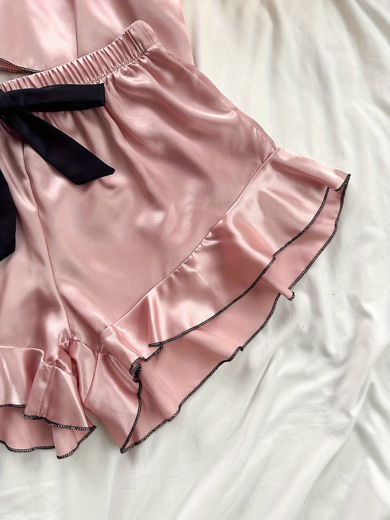 Women's Solid Color Pajama Set with Bow Suspender Shorts for All Seasons