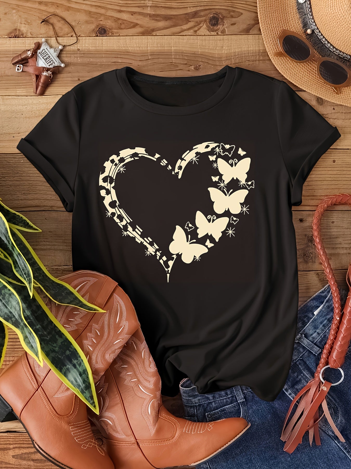 Women's Plus Size Leopard Heart Butterfly Print Black Short Sleeve T-Shirt Casual Breathable Stretch Summer Fall