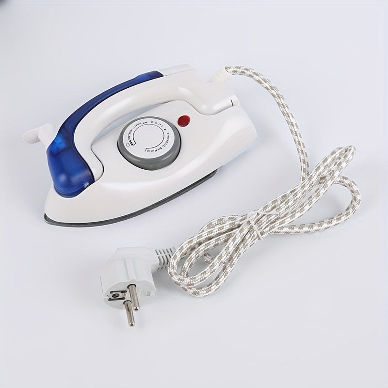 Plancha eléctrica portátil plegable para viajes blanca y azul con suela antiadherente compacta