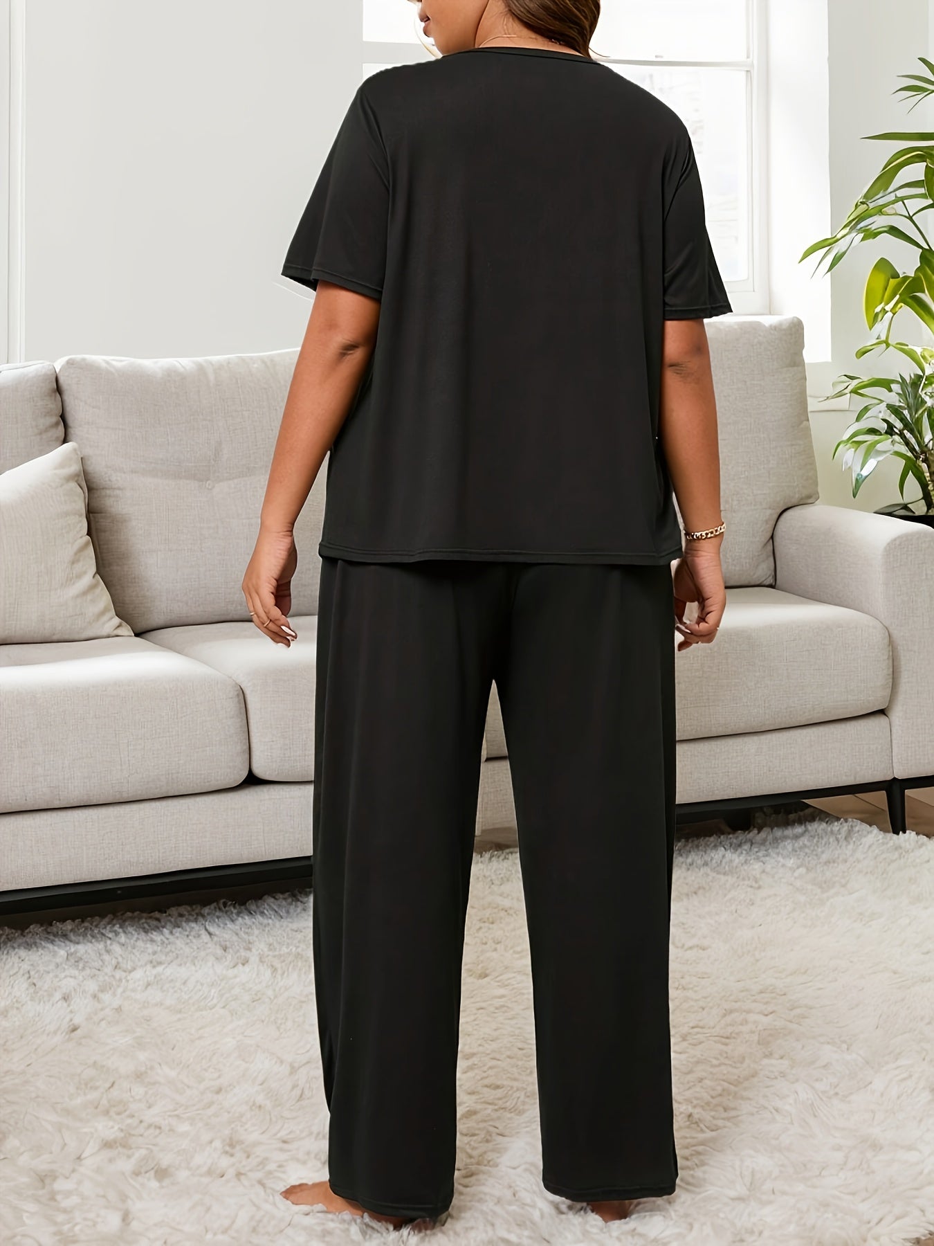 Women's Plus Size Lounge Set Black Letter Print Short Sleeve Pajama Top and Pants