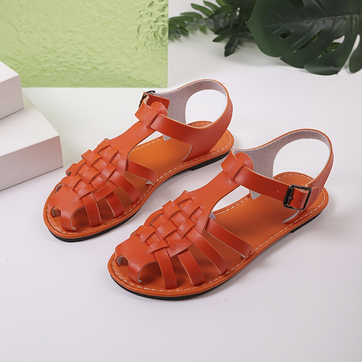 Women's Woven Closed-Toe Roman Sandals Adjustable Buckle Flat Summer Shoes