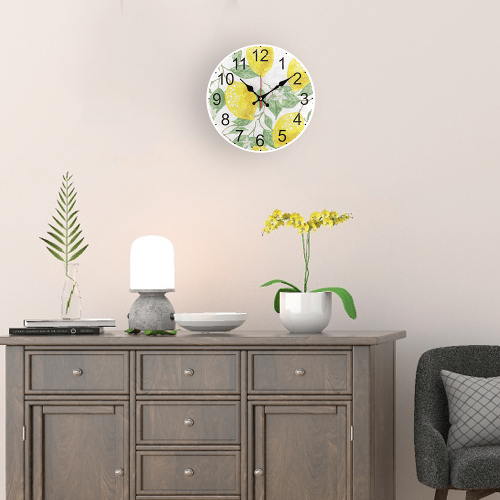 Fruit Theme Wall Clock with Golden Lemon Pattern Silent Non-Ticking Battery Operated for Living Room Kitchen Decor