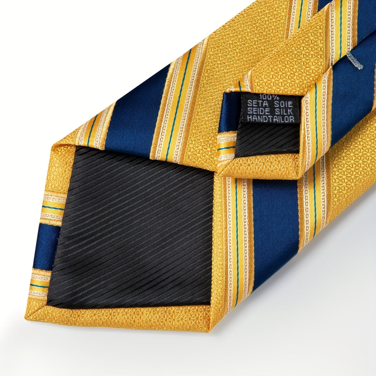 Men's Blue and Yellow Striped Tie Set with Cufflinks and Handkerchief for Business and Gift