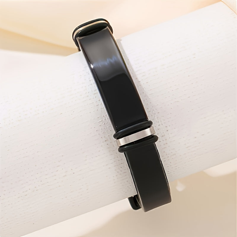 Men's Silicone Bracelet with Engraved Stainless Steel Tag Adjustable ID Wristband August Birthstone Unplated