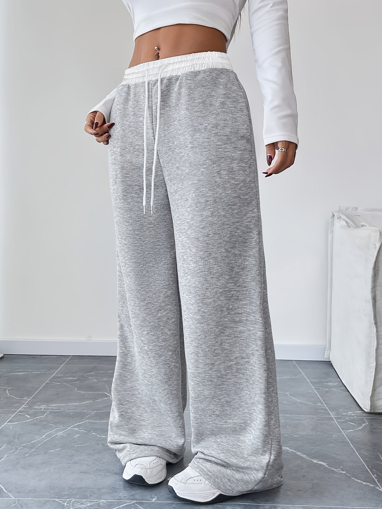 Women's High Waist Wide Leg Drawstring Pants in Contrasting Colors for Spring and Fall