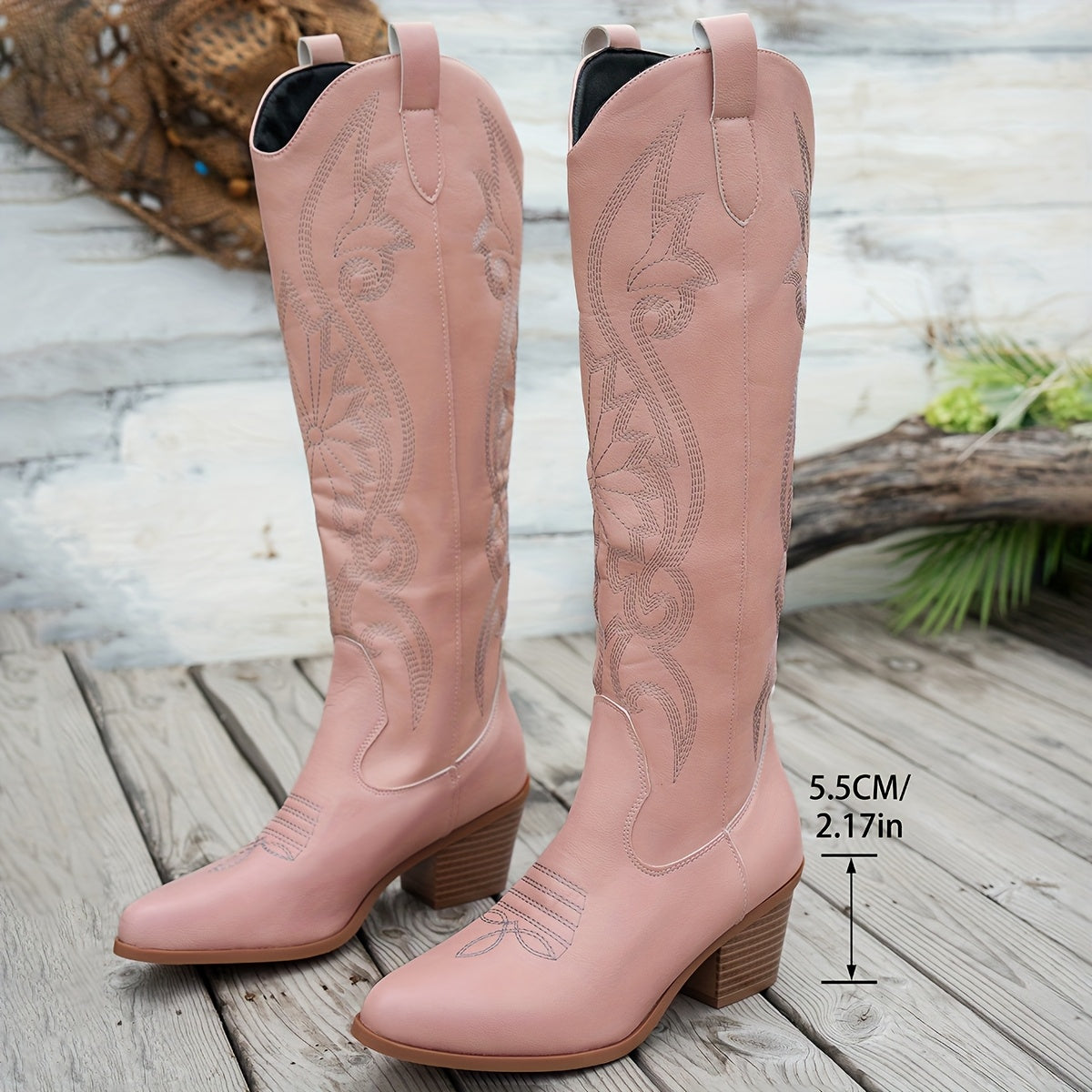 Women's Western Cowboy Boots Faux Leather Floral Embossed Pointed Toe