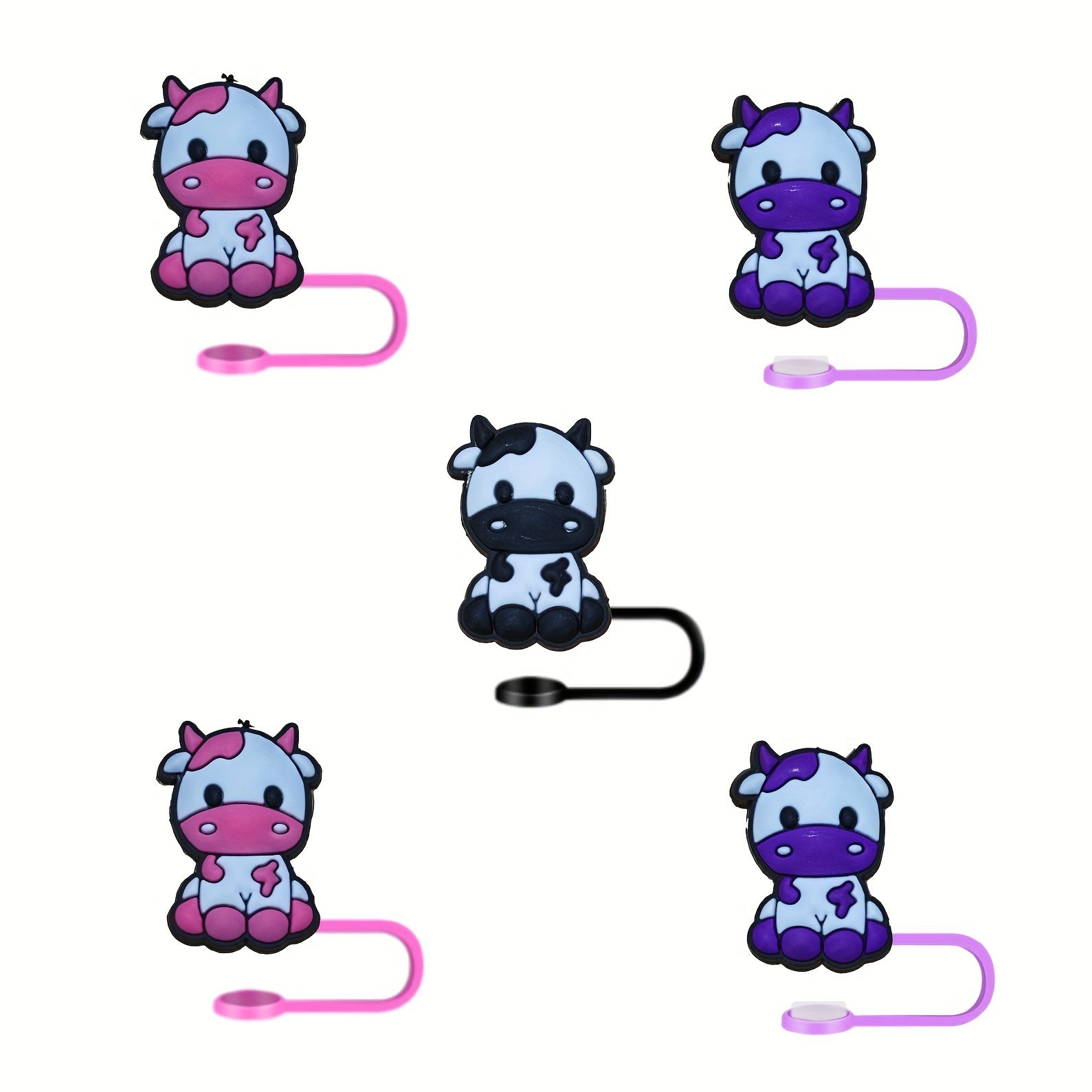 Set of 2 Cartoon Cow Straw Toppers Pink Purple Black with Silicone Dust Covers for Party and Christmas Gifts