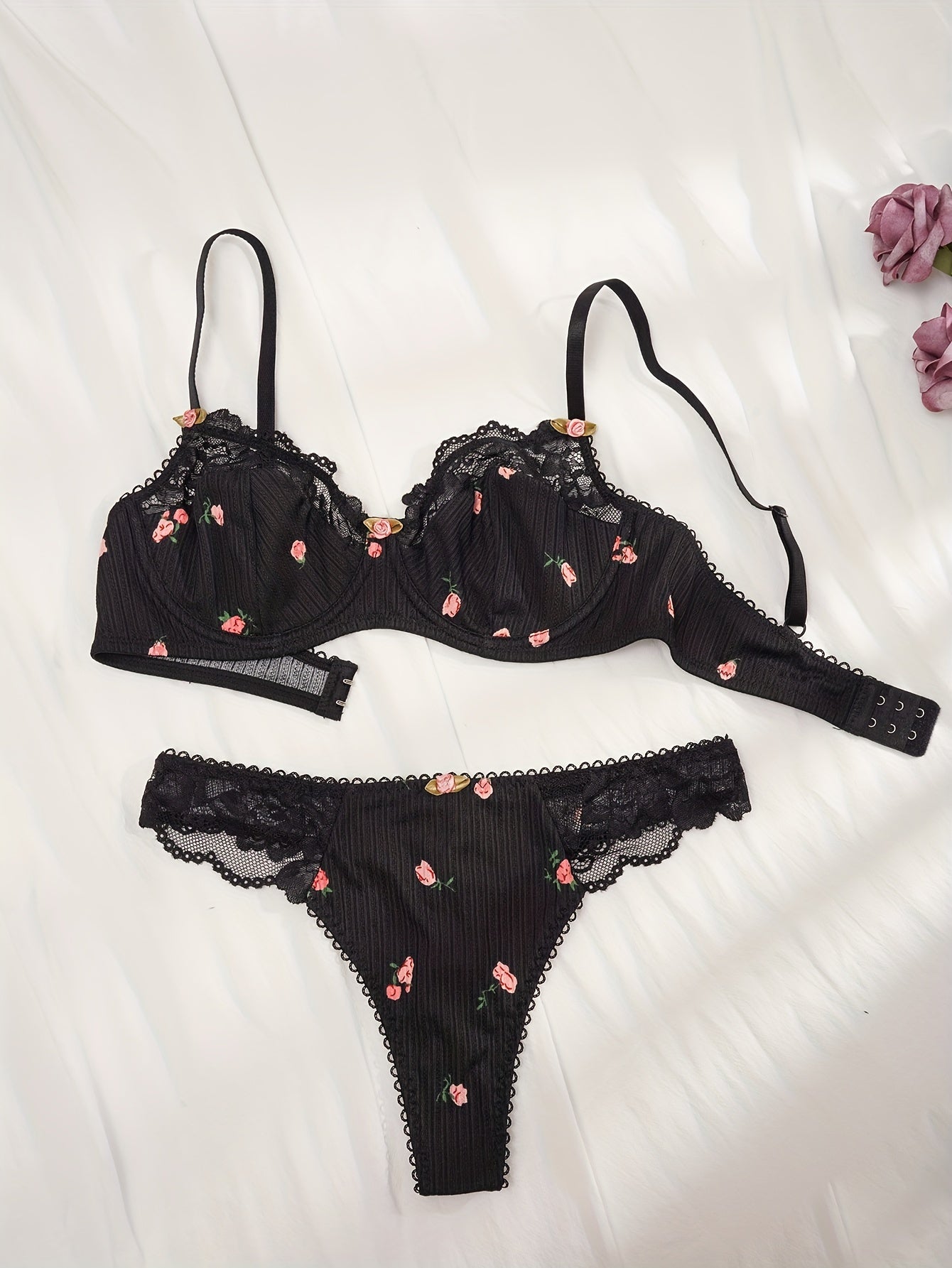 Women's Floral Print Lace Push-Up Bra Set with Thong Lingerie
