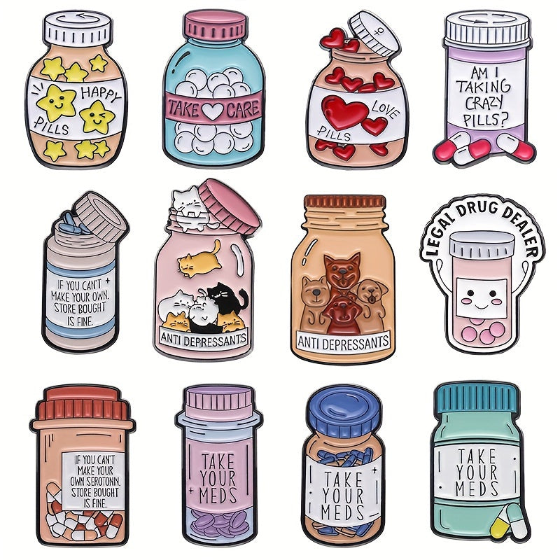 Set of 12 Cartoon Medicine Bottle Brooches Alloy Enamel Jewelry Accessories Gift