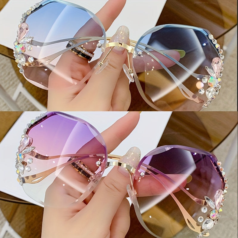 Women's Frameless Gradient Lens Rhinestone Glasses with Bent Legs