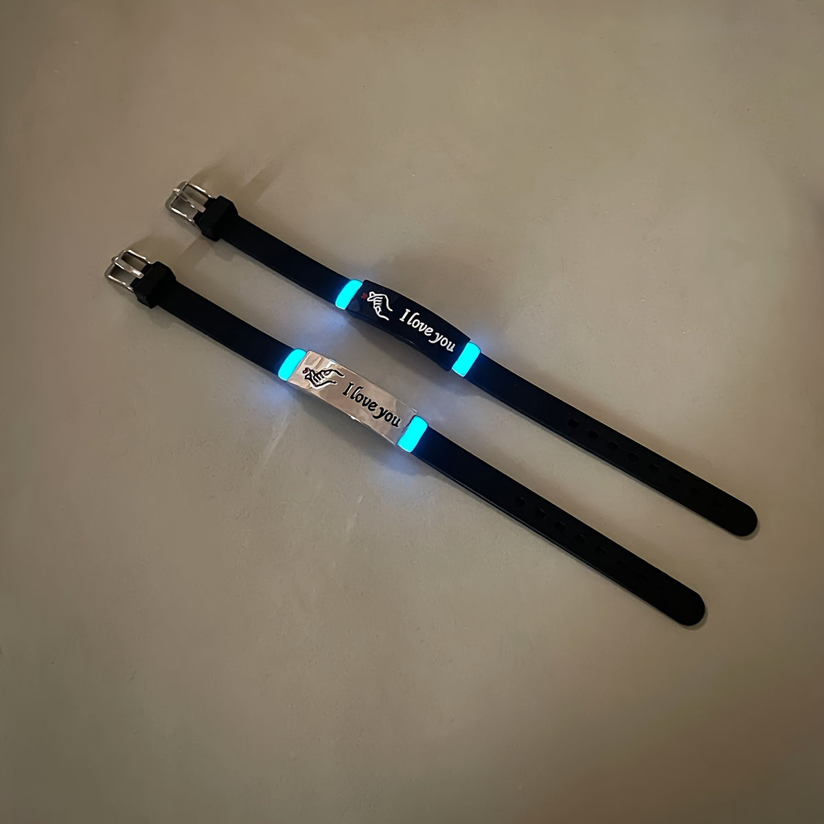 Pair of 2 Glow-in-the-Dark Silicone Couple Bracelets with Hand Heart Gesture