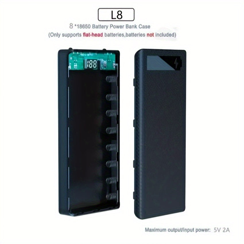 8 ta 18650 batareyalar uchun DIY quvvat banki qutisi, ikki USB Type C zaryadlash bilan, ABS materialidan tayyorlangan. Zaryadsiz saqlash qutisi (batareyalar kiritilmagan).