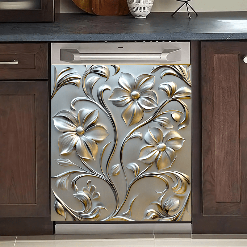 Imán de puerta de lavavajillas de PVC con diseño floral metálico 58.5x65cm, a prueba de agua y manchas