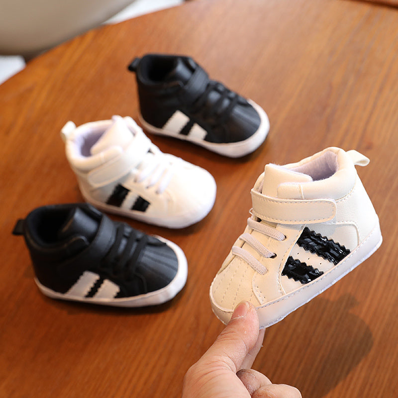 Infant Boys Non-Slip Striped Crib Shoes with Embroidered Moire Pattern