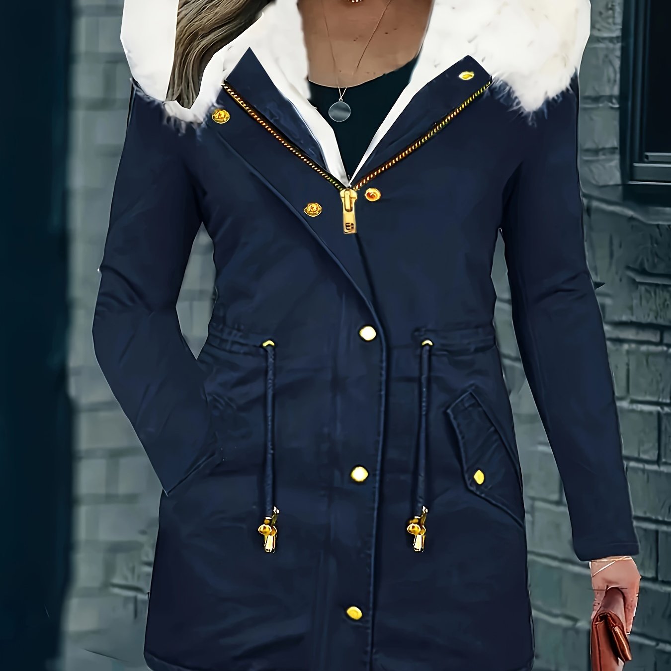Abrigo de invierno de talla grande para mujer con contraste de felpa, cordón ajustable, cremallera y bolsillos
