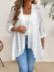 Plus Size Swiss Dot Open Front Kimono with Lace Stitching Spring Summer Women