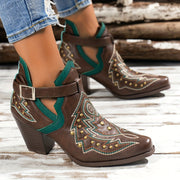 Women's Golden Beads Chunky Heel Ankle Boots with Buckle Strap