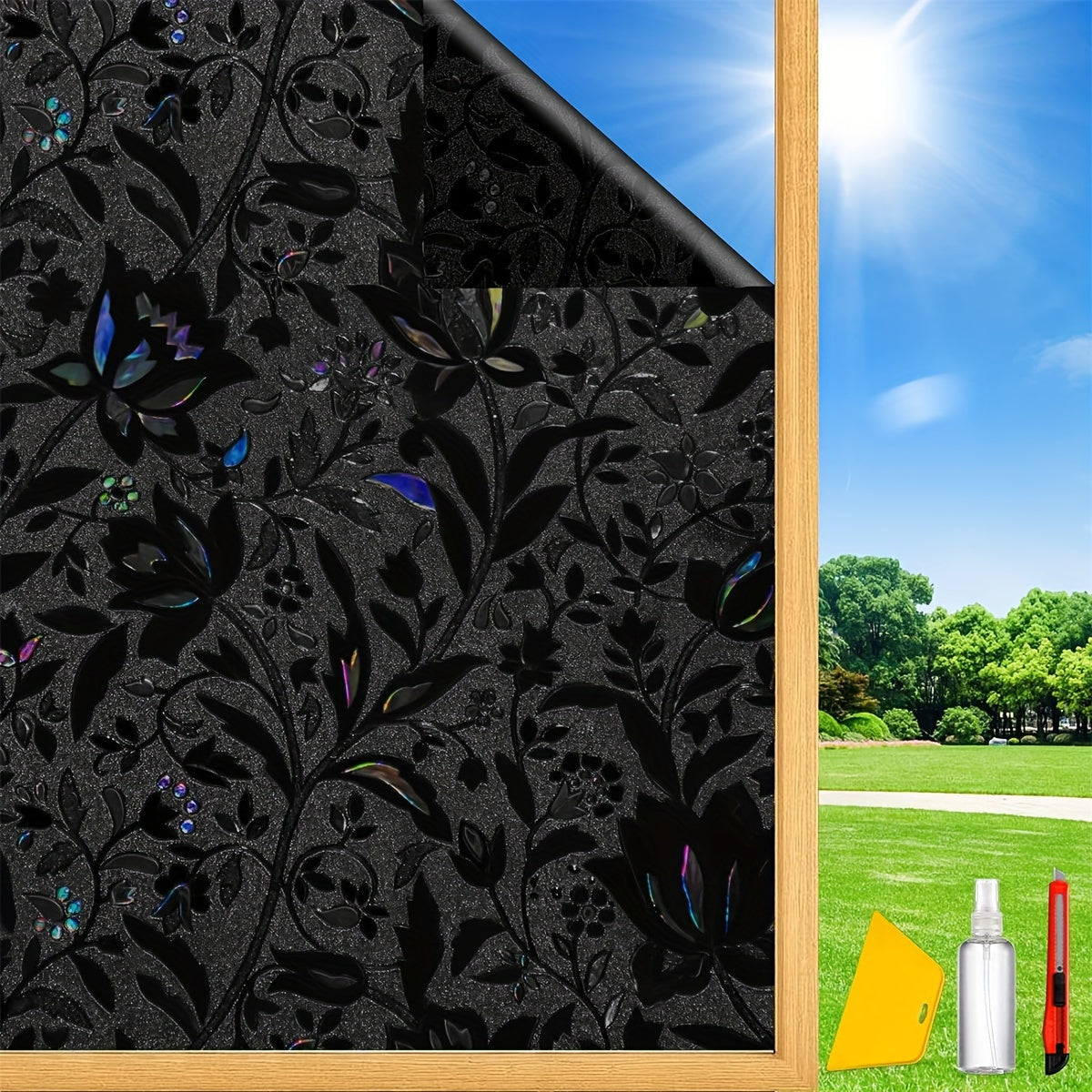 Black Tulip Glass Window Film Electrostatic Glueless Stickers for Home Office Decor