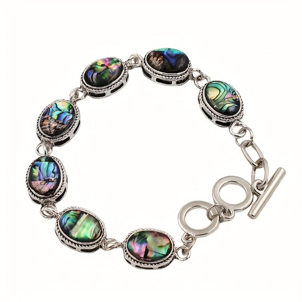 Vintage-Style Oval Abalone Shell Link Charm Bracelet for Women