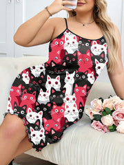 Women's Sleeveless Nightgown Casual Dress Red Black Cartoon Cat Print