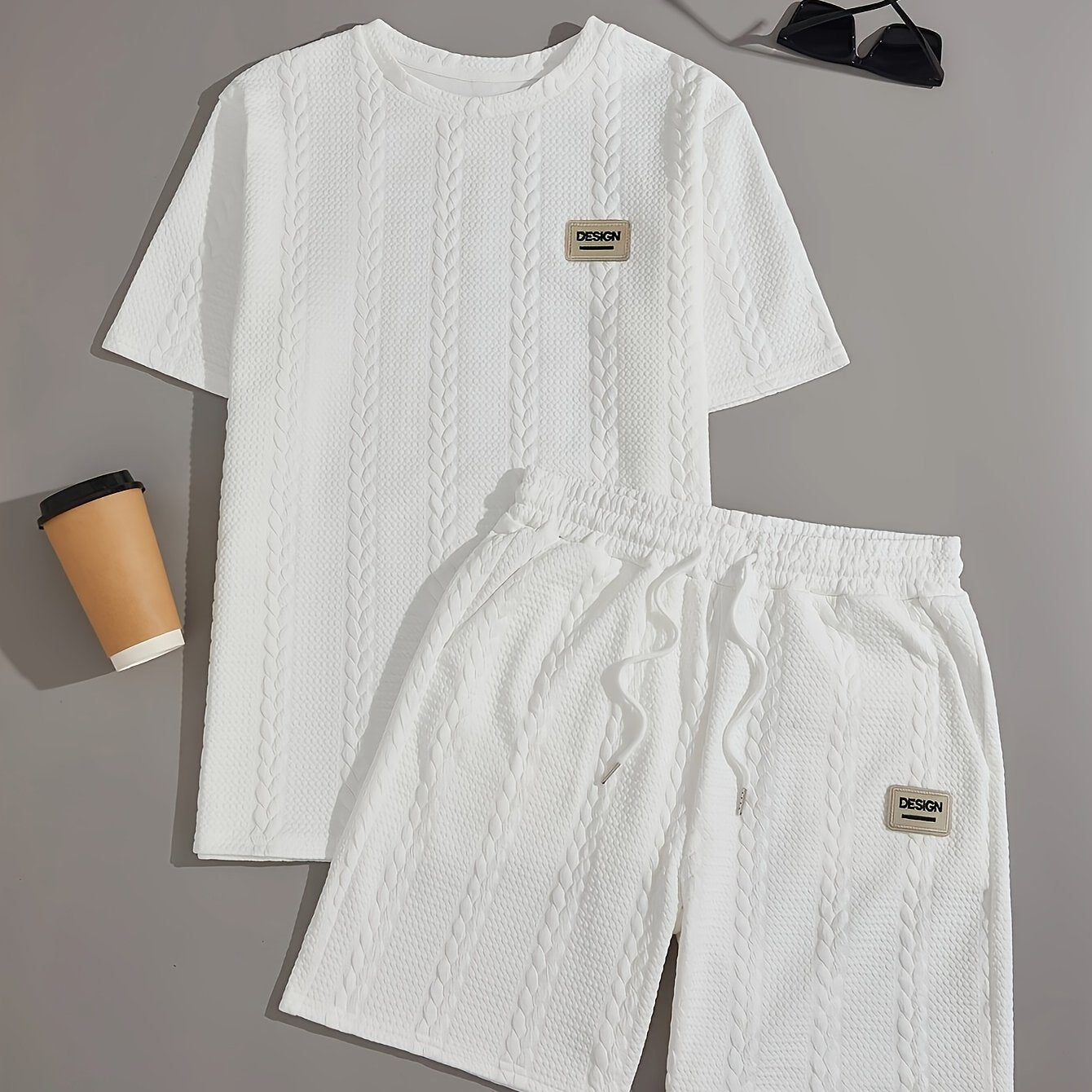 Men's Knitted Casual Two-Piece Pajama Set Short Sleeve Geometric Polyester