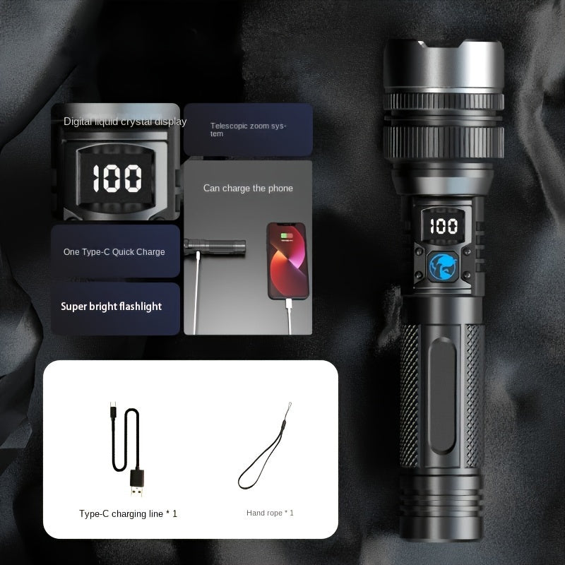 USB orqali zaryadlanadigan, yuqori quvvatli alyuminiy qotishmasidan yasalgan, tashqi favqulodda vaziyatlar uchun raqamli ko'rsatkichga ega flashlight.