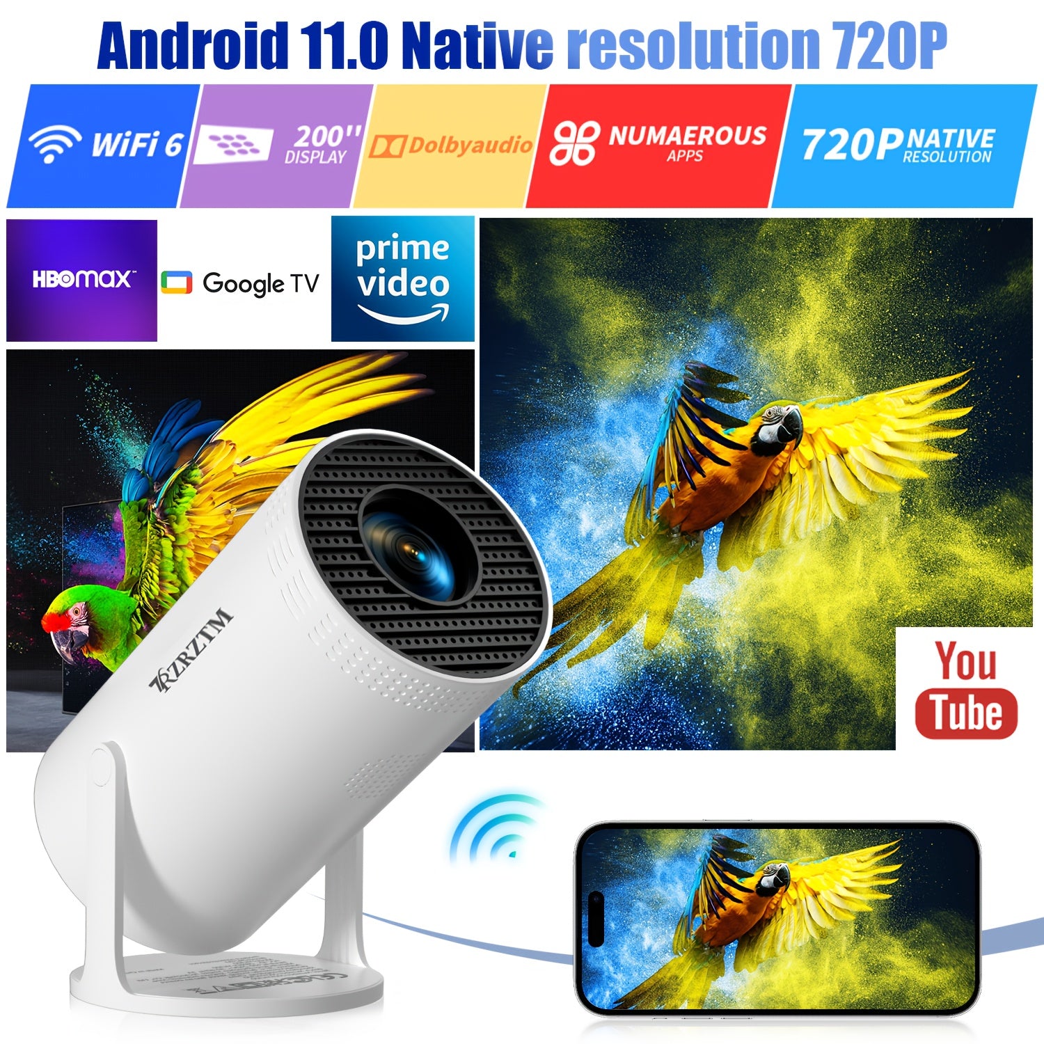 Intelligent Projector 1280x720P 180° Projection Home Cinema Camping Office