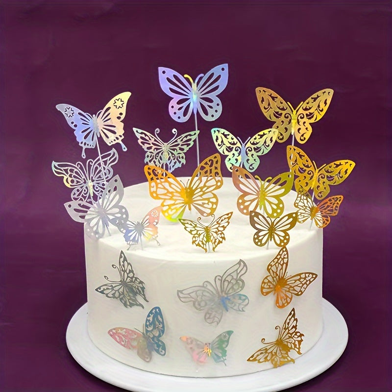 Set of 10 Gold and Silver Butterfly Cake Toppers Hollow Wall Stickers 3D Decorations