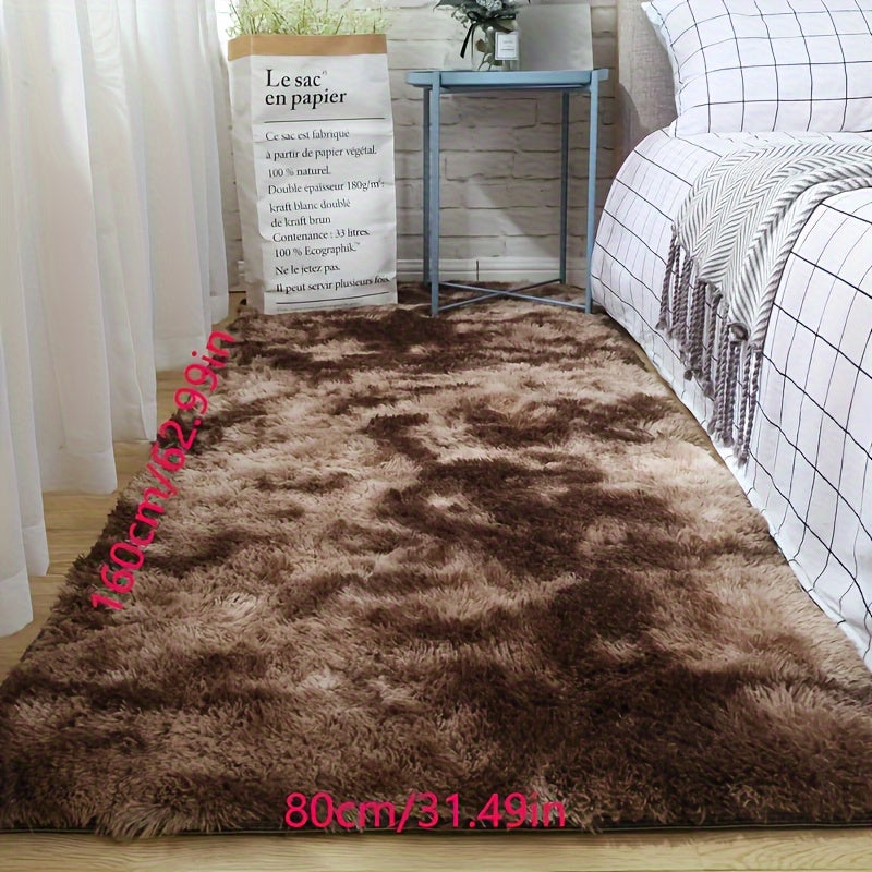 Alfombra de tie-dye gris claro con pelo alto, respaldo antideslizante, lavable a máquina