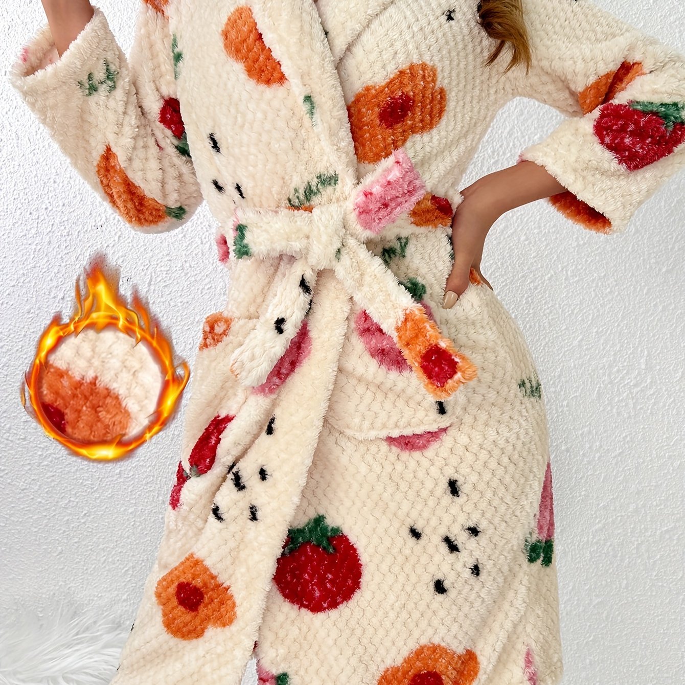 Women's Flannel Bathrobe with Fruit Print Long Sleeve Winter Cozy Loungewear