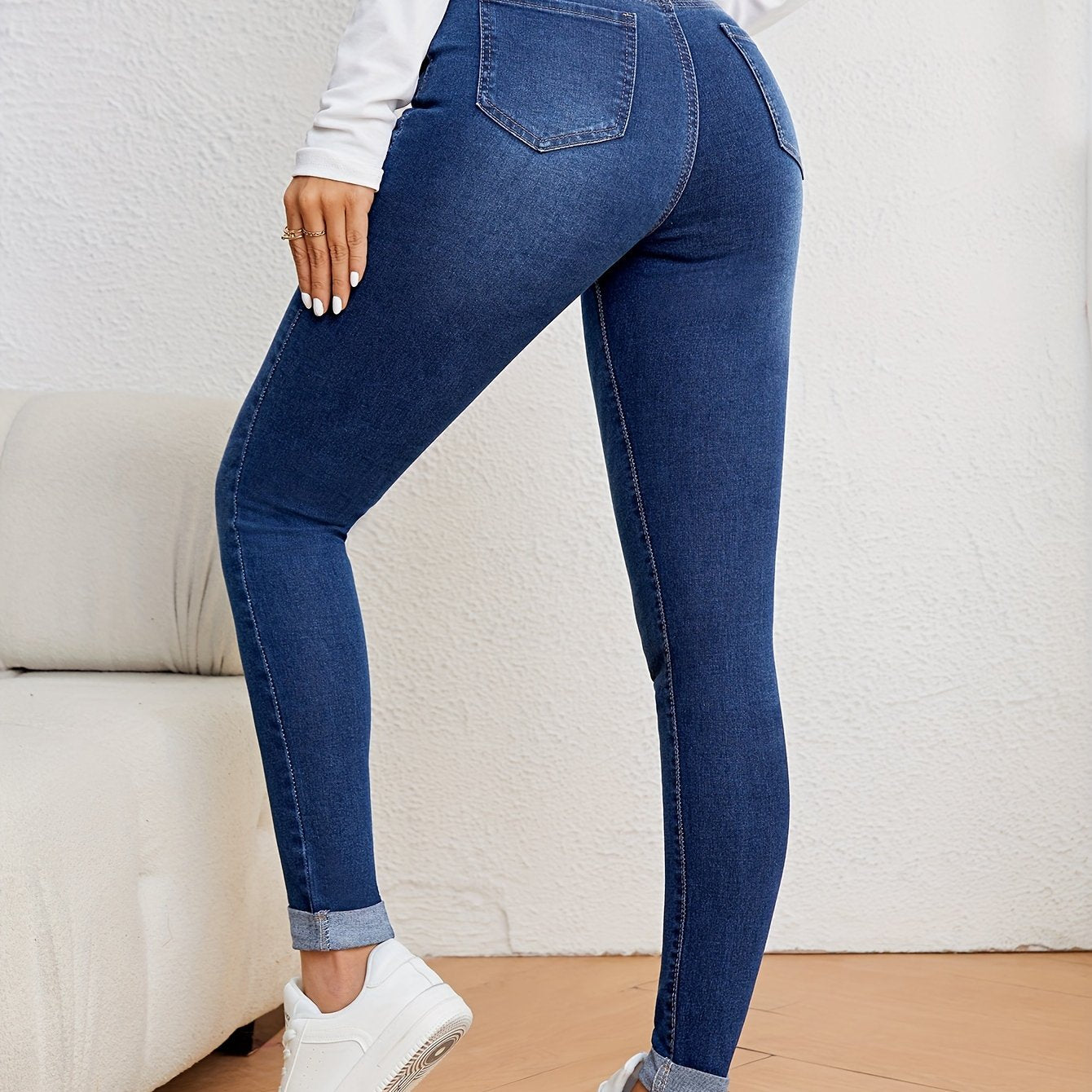 Women's Skinny Jeans Solid Color Washed Denim Medium Stretch Woven Fabric Casual All-Season