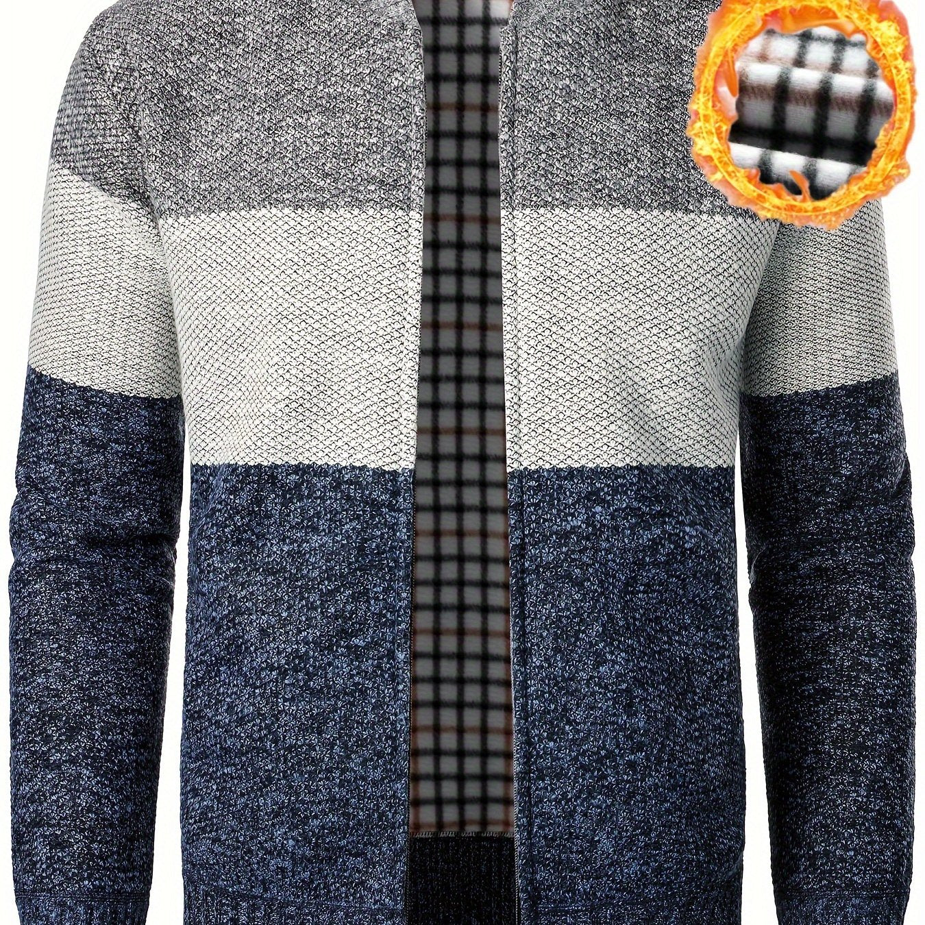 Men's High Neck Fleece Jacket with Color Block Knit Zip-Up Outerwear for Fall Winter