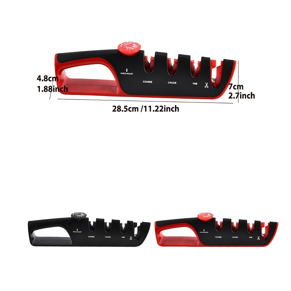 Sozlanadigan 4-in-1 oshxona pichog'i silliqlash mashinasi, 4 bosqichli silliqlash tayoqlari, qora-qizil