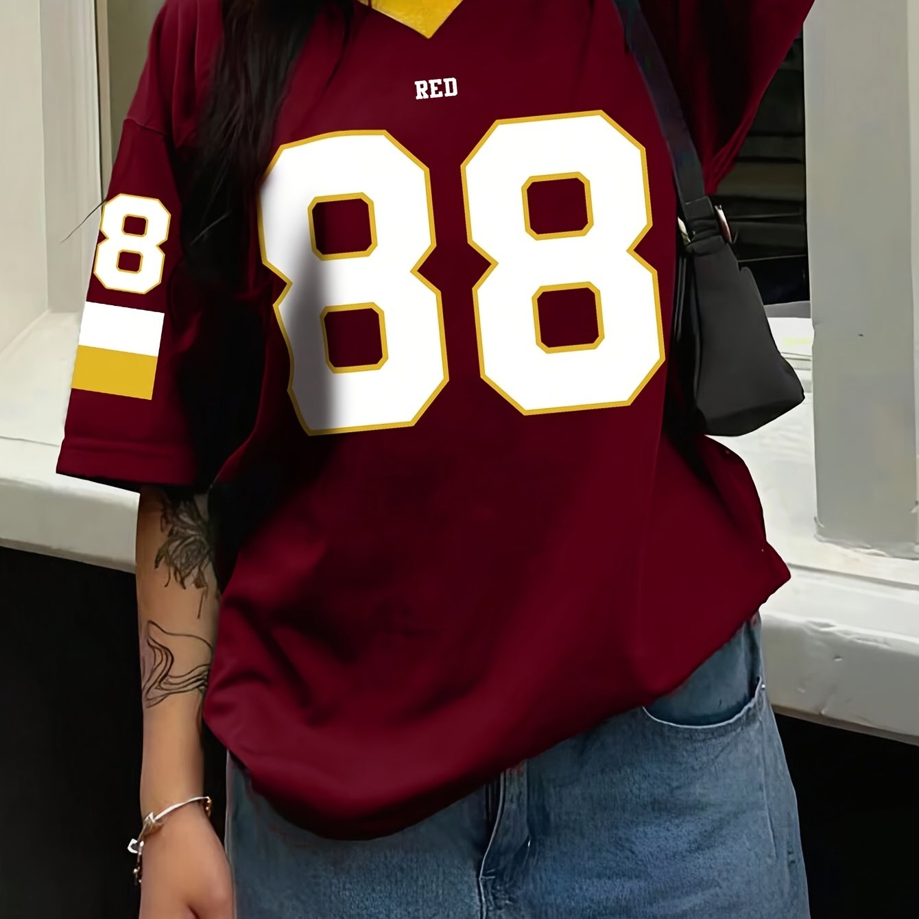 Maroon V-Neck T-Shirt for Women with "223.52cm" and "RED" Print Short Sleeve Loose Fit Polyester