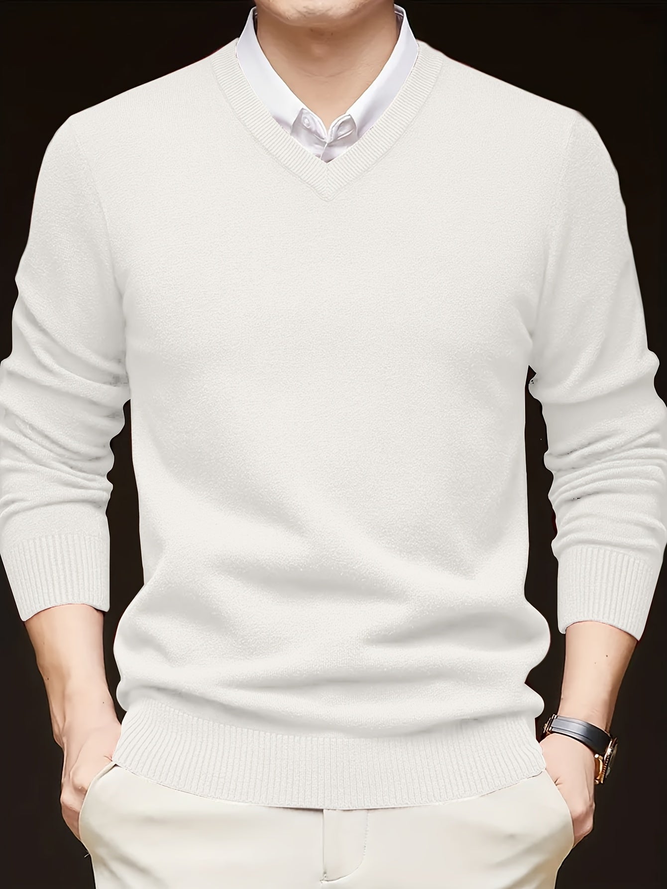 Men's Solid Color V-Neck Knit Sweater Long Sleeve Casual Pullover