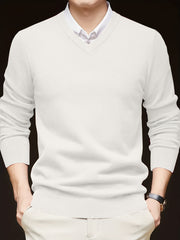 Men's Solid Color V-Neck Knit Sweater Long Sleeve Casual Pullover