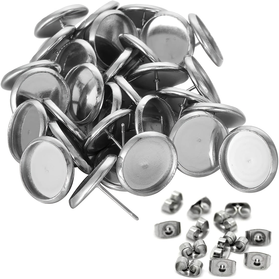 Pack of 50 Stainless Steel Earring Studs with Cabochon Setting and Backs
